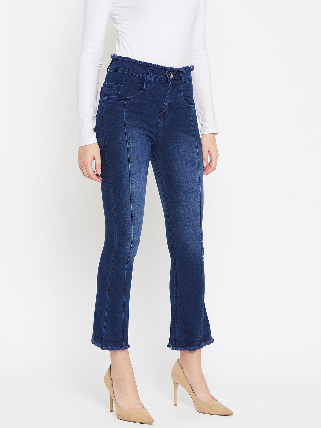 Basic blue slim fit 5- pocket high rise jeans, bootcut with light fade, frayed hems , zip fly with button closure, waistband with belt loops