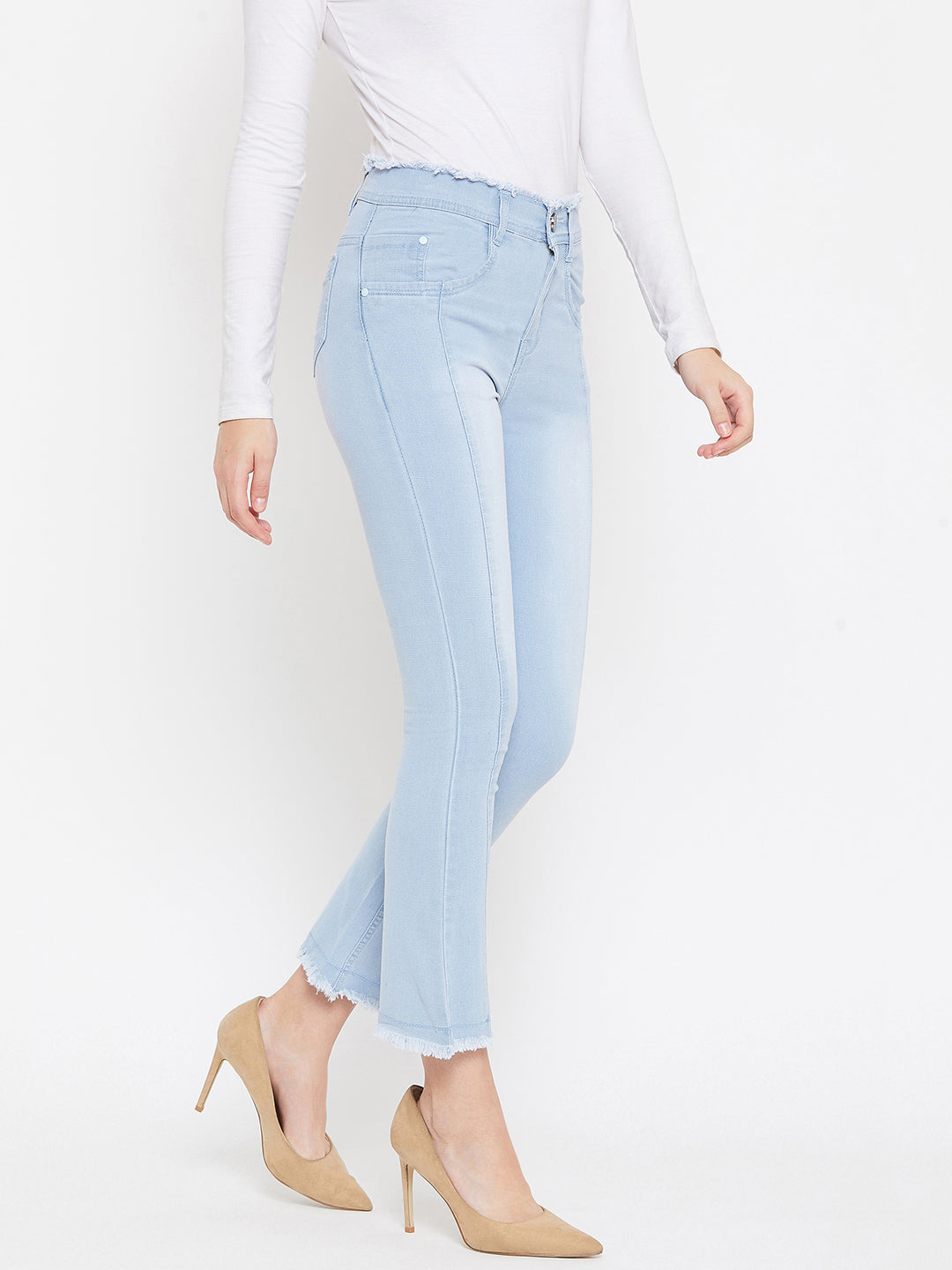 Sky blue slim fit 5- pocket high rise jeans, bootcut with light fade, frayed hems , zip fly with button closure, waistband with belt loops