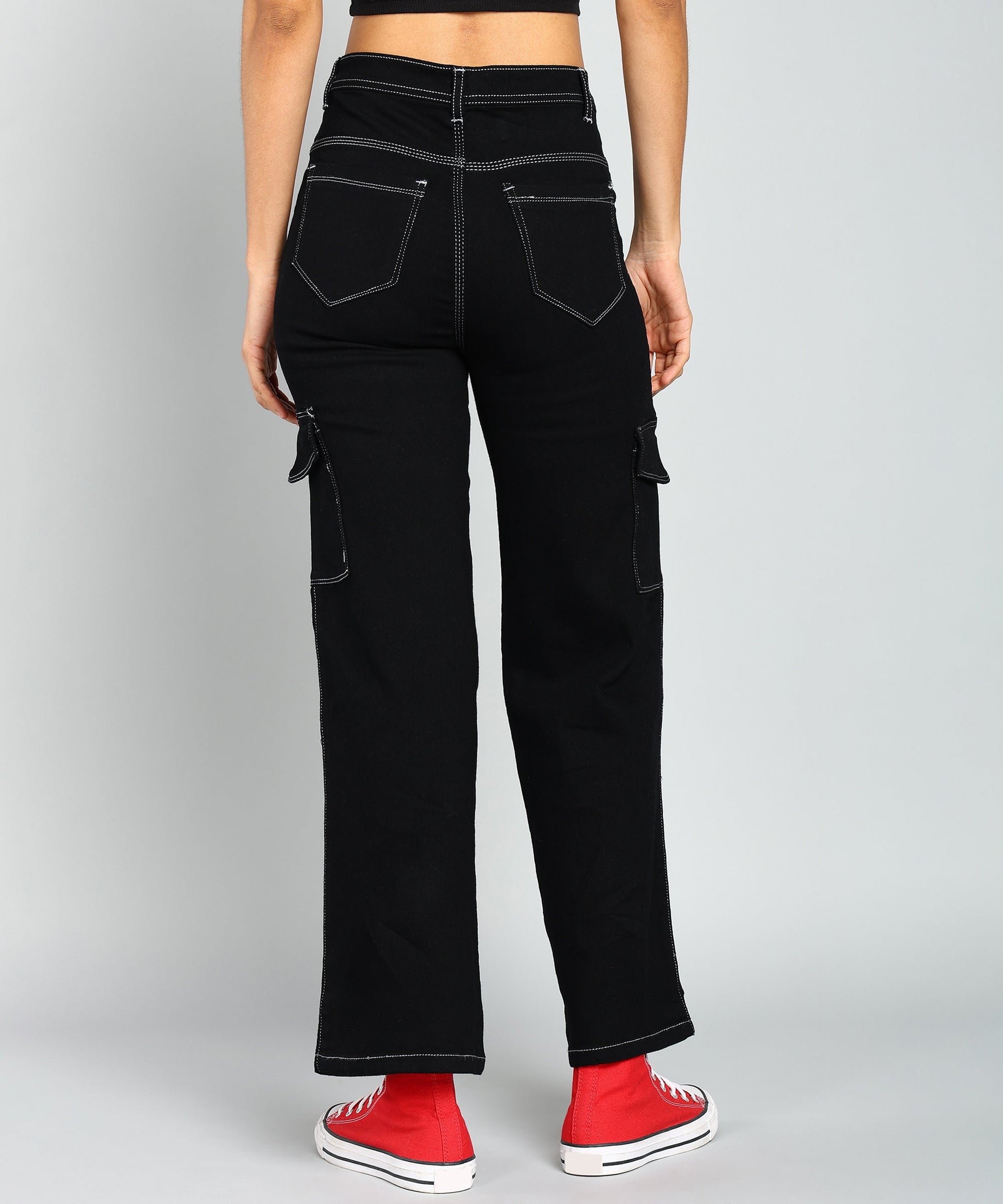 Straight Fit Stretchable Cargo Black Jeans - NiftyJeans