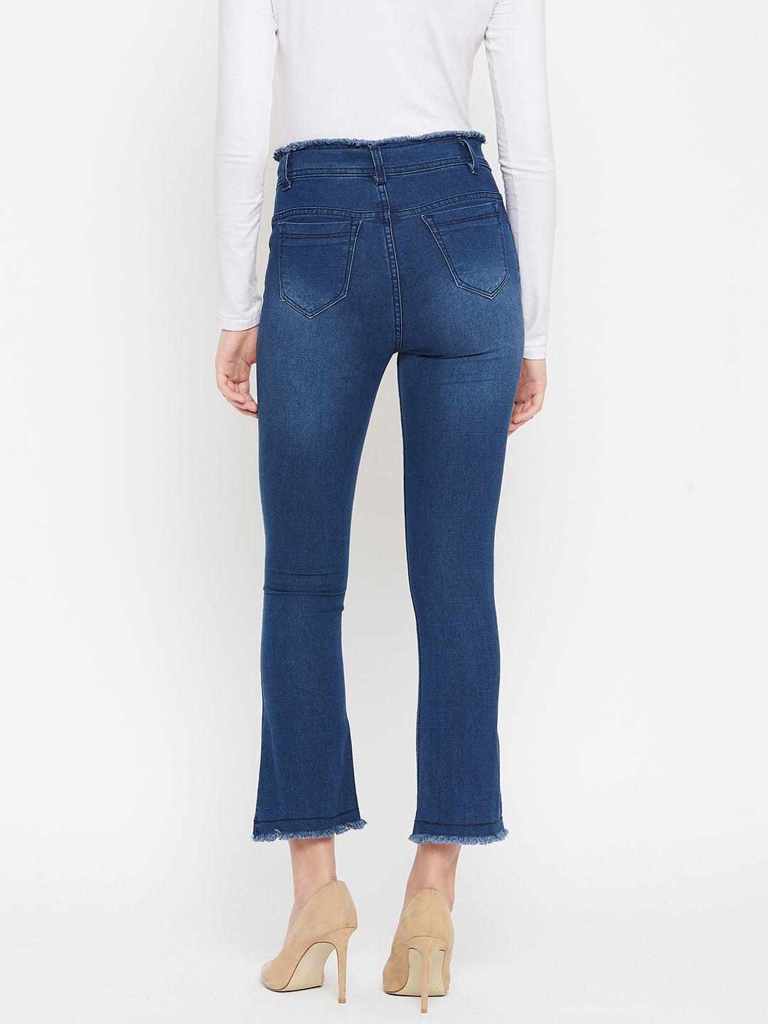 Bata blue slim fit 5- pocket high rise jeans, bootcut with light fade, frayed hems , zip fly with button closure, waistband with belt loops