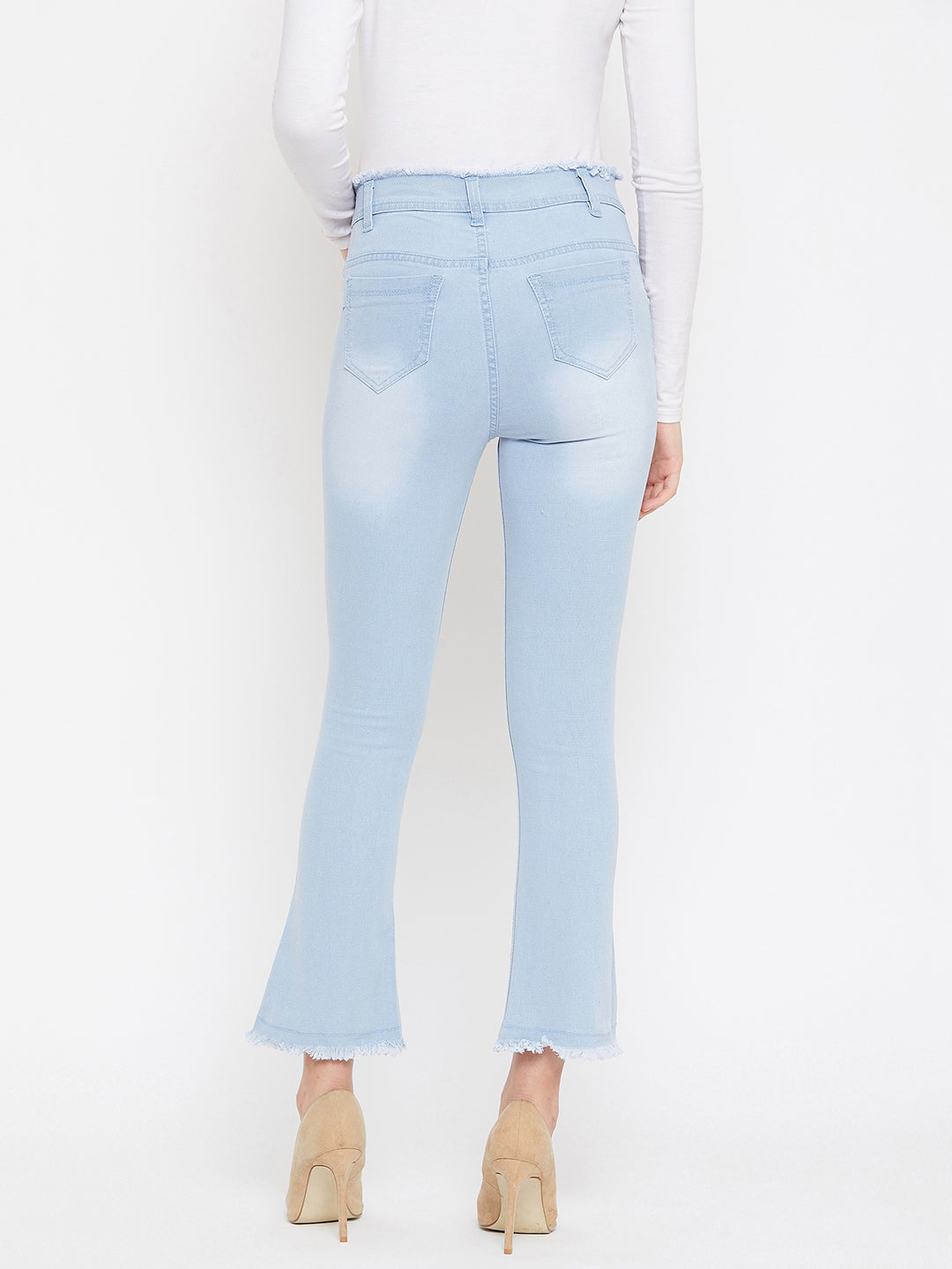 Sky blue slim fit 5- pocket high rise jeans, bootcut with light fade, frayed hems , zip fly with button closure, waistband with belt loops