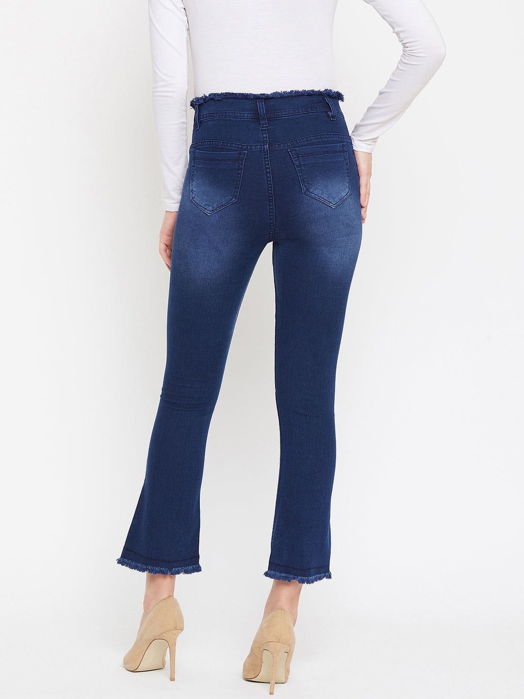 Basic blue slim fit 5- pocket high rise jeans, bootcut with light fade, frayed hems , zip fly with button closure, waistband with belt loops