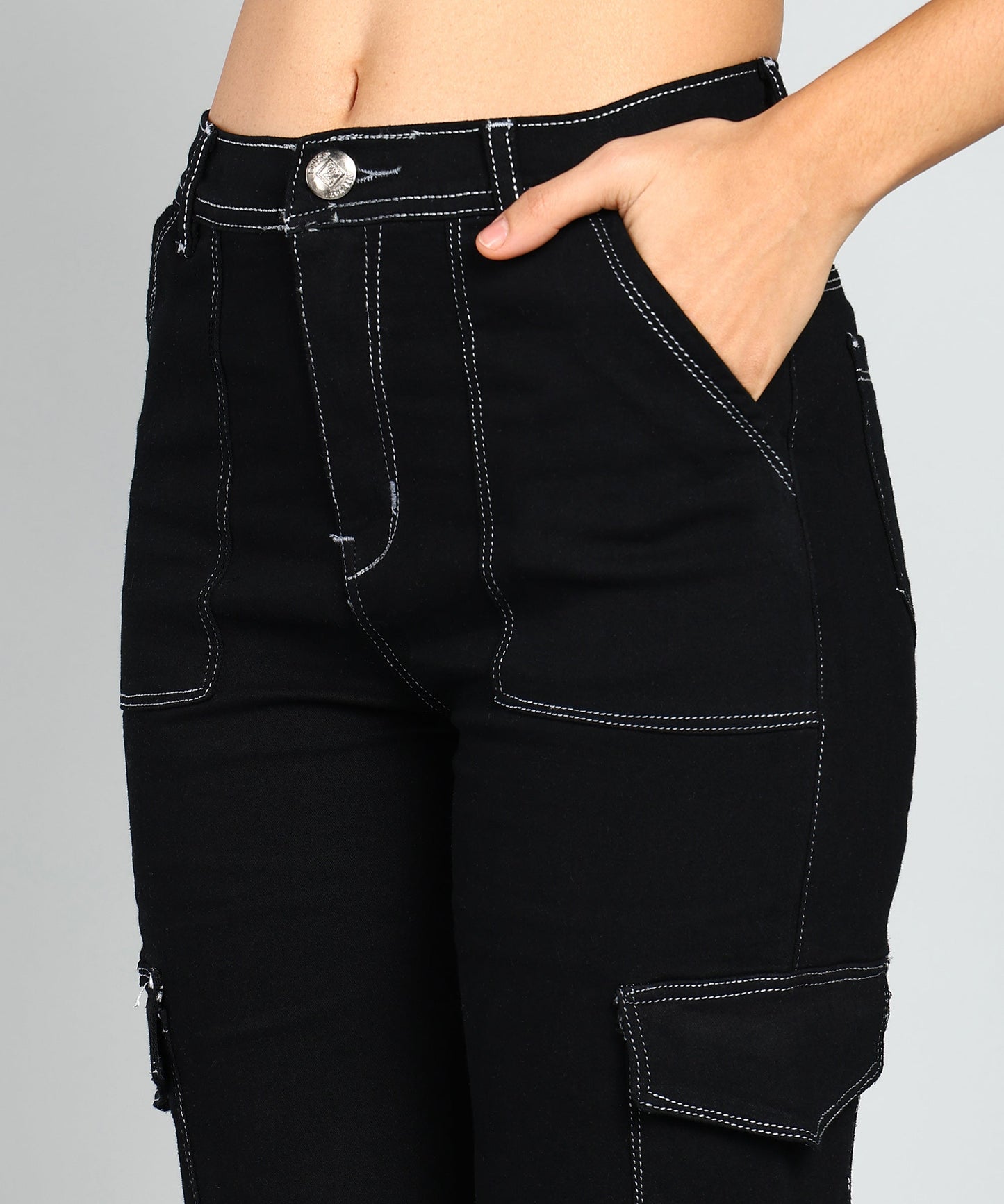 Straight Fit Stretchable Cargo Black Jeans - NiftyJeans