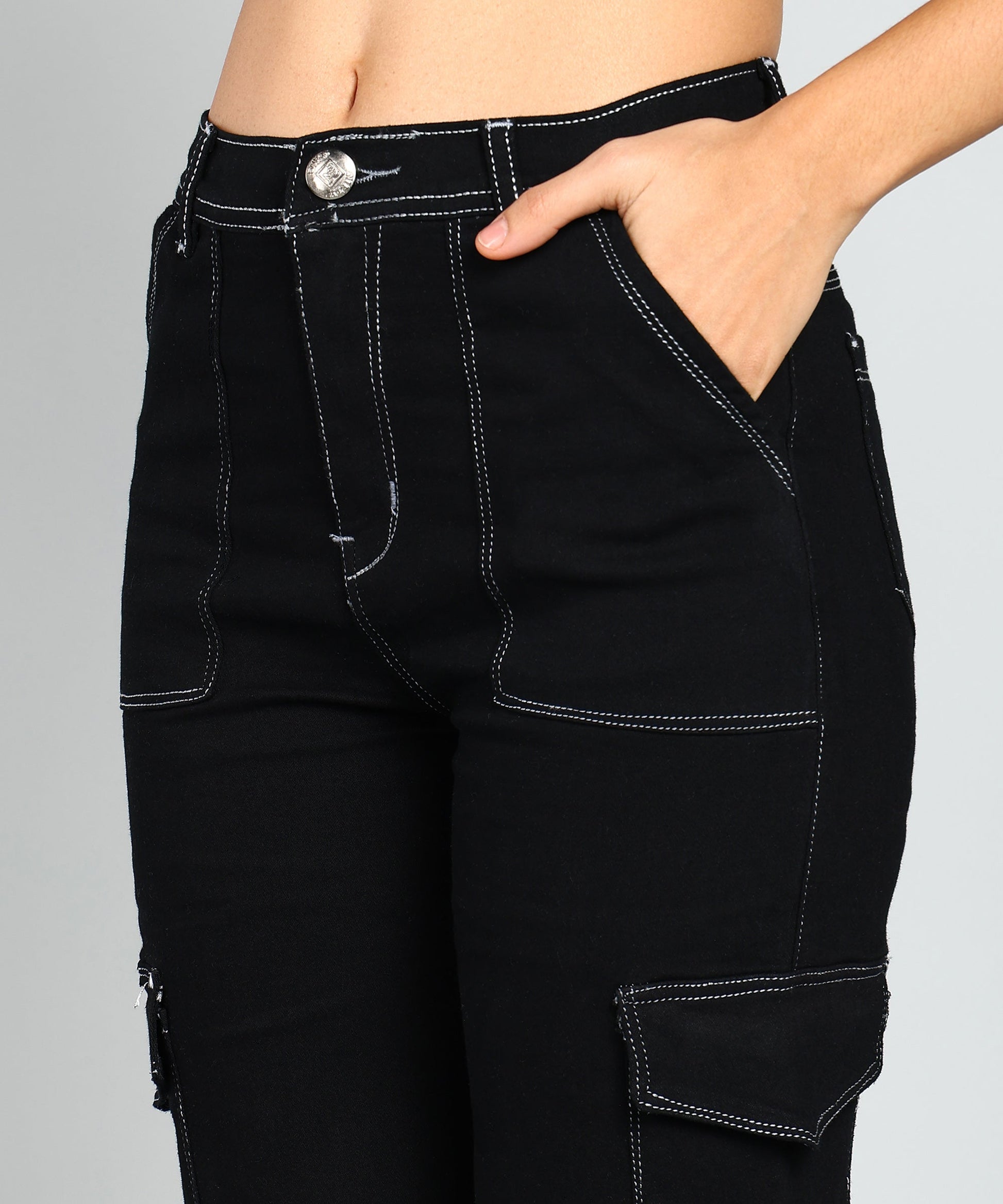 Straight Fit Stretchable Cargo Black Jeans - NiftyJeans