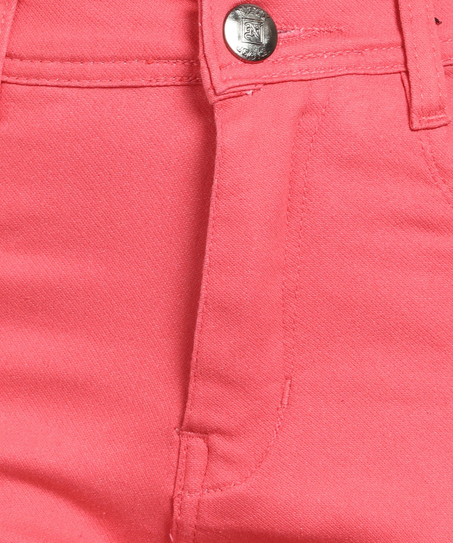 Red slim fit 5- pocket high rise jeans, clean look, zip fly with button closure, waistband with belt loops