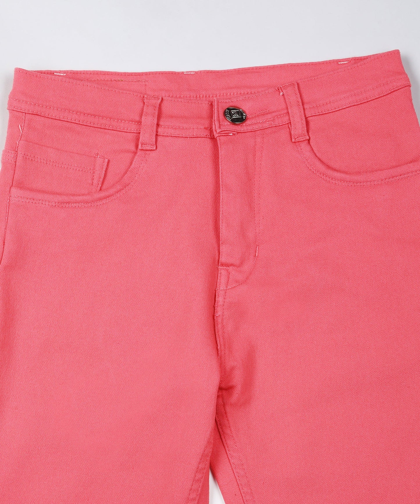 Red slim fit 5- pocket high rise jeans, clean look, zip fly with button closure, waistband with belt loops