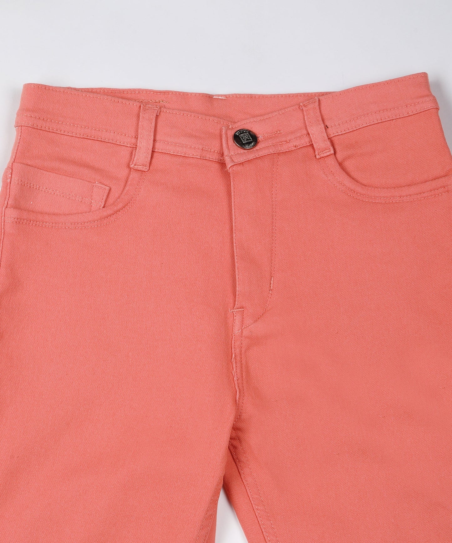 Tomato Red slim fit 5- pocket high rise jeans, clean look, zip fly with button closure, waistband with belt loops