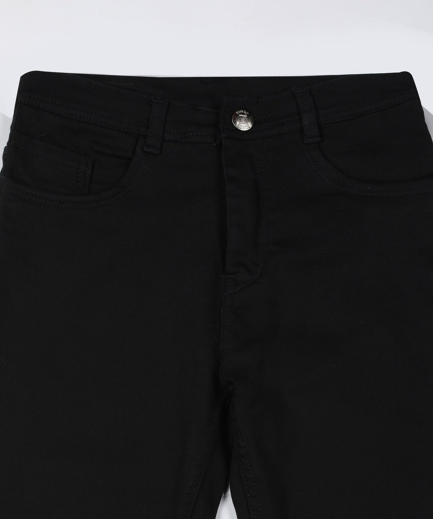 Black straight fit 5- pocket high rise jeans, clean look, zip fly with button closure, waistband with belt loops