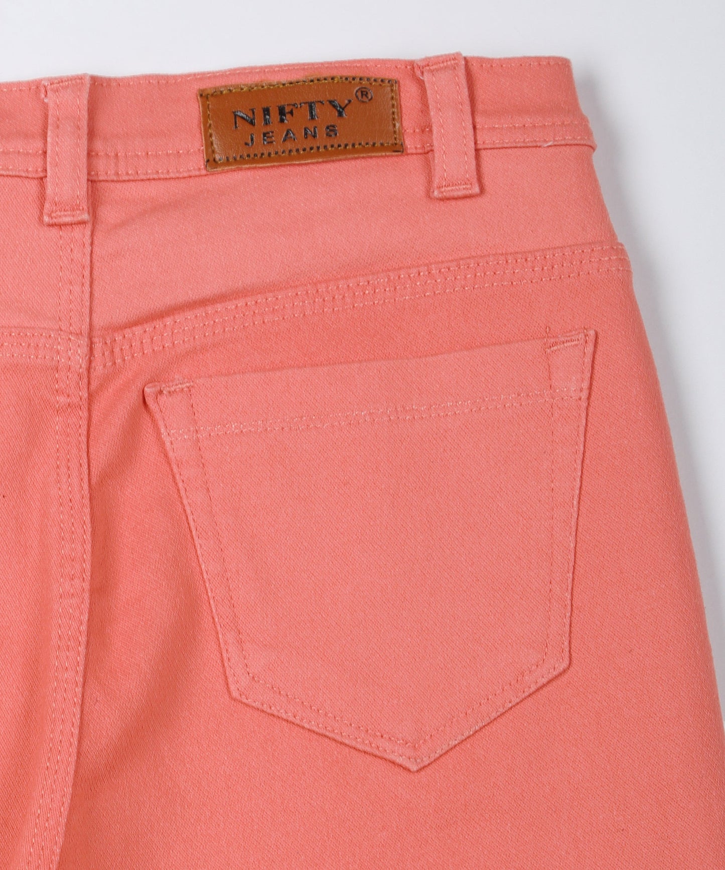 Tomato Red slim fit 5- pocket high rise jeans, clean look, zip fly with button closure, waistband with belt loops