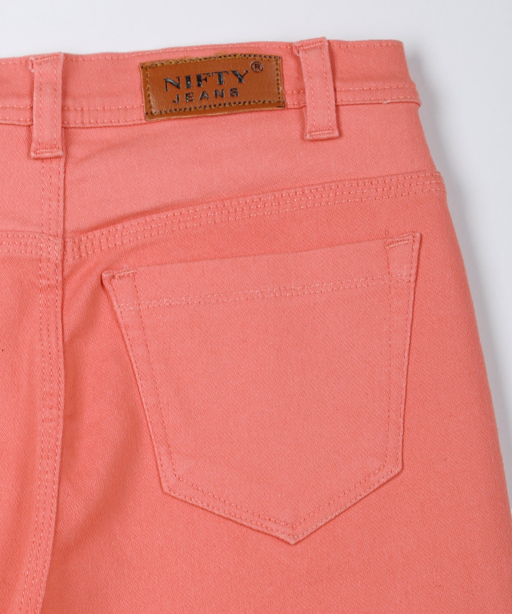 Tomato Red slim fit 5- pocket high rise jeans, clean look, zip fly with button closure, waistband with belt loops