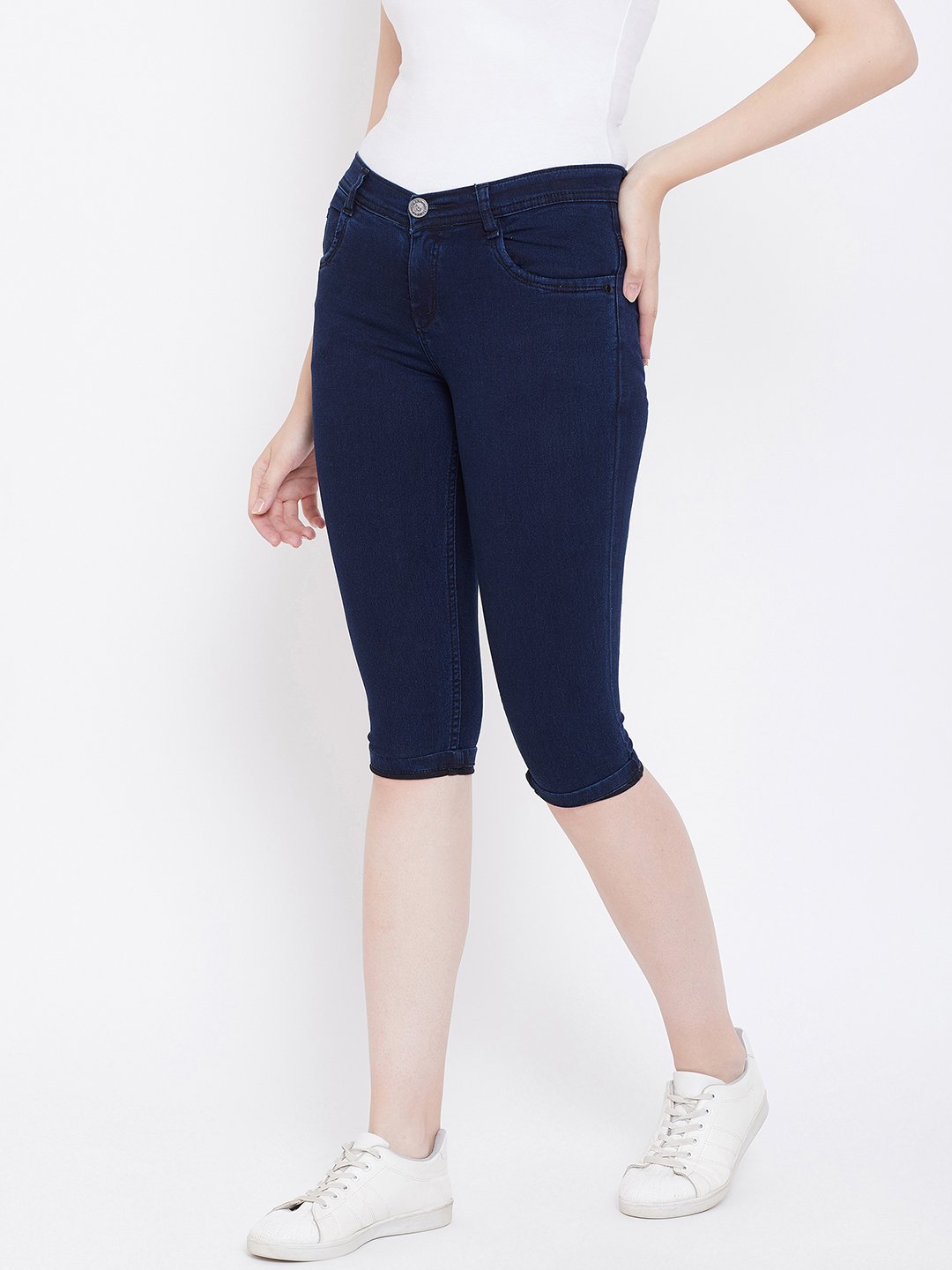 Slim Fit Stretchable Blue Capris - NiftyJeans