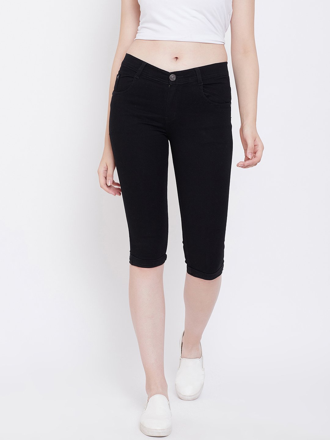 Slim Fit Stretchable Black Capris - NiftyJeans