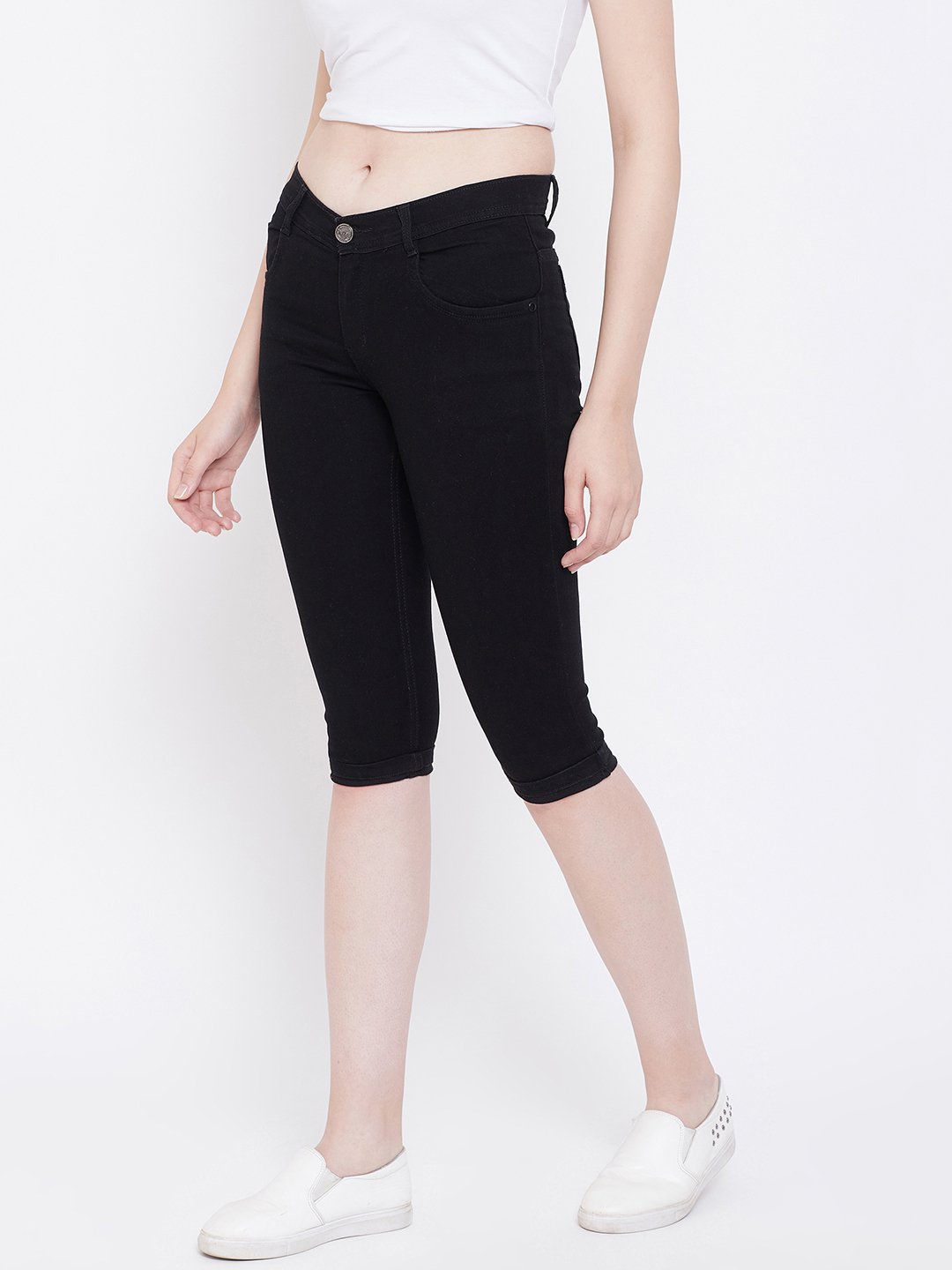 Slim Fit Stretchable Black Capris - NiftyJeans