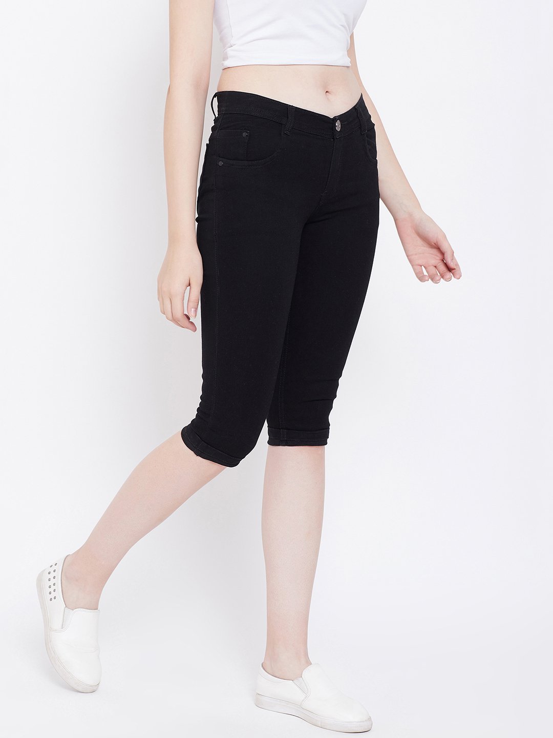 Slim Fit Stretchable Black Capris - NiftyJeans