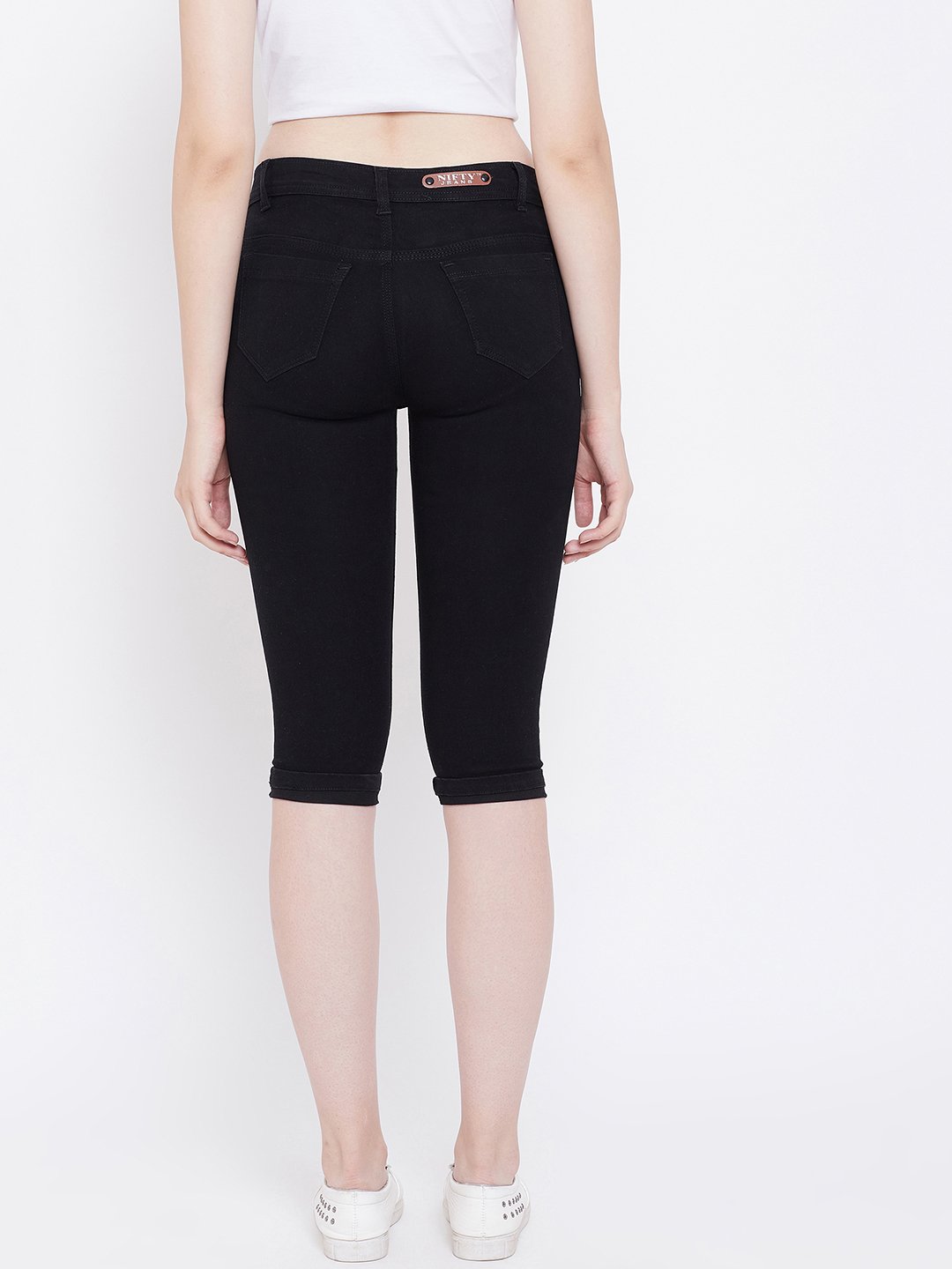 Slim Fit Stretchable Black Capris - NiftyJeans