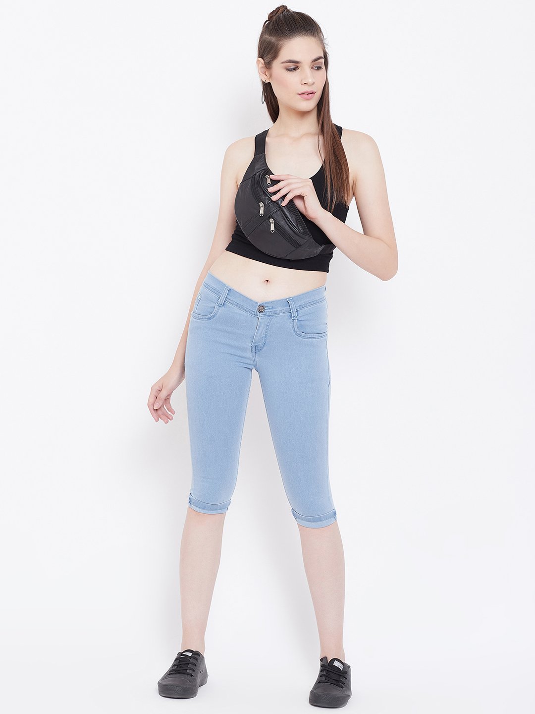 Slim Fit Stretchable Sky Blue Capris - NiftyJeans
