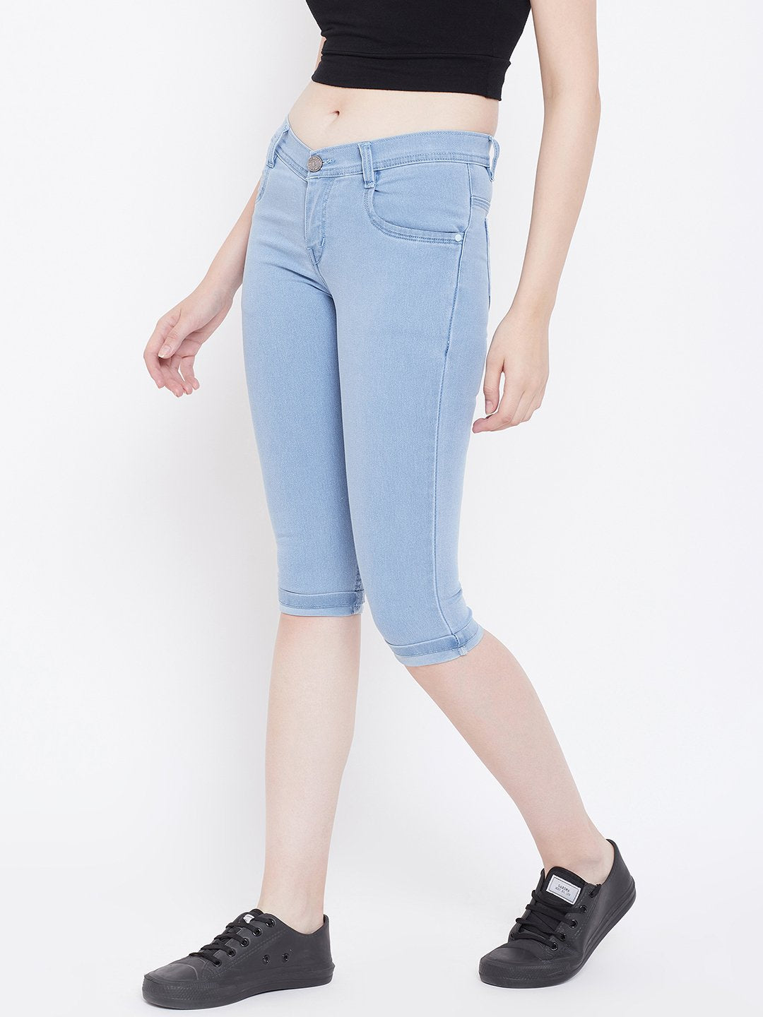 Slim Fit Stretchable Sky Blue Capris - NiftyJeans