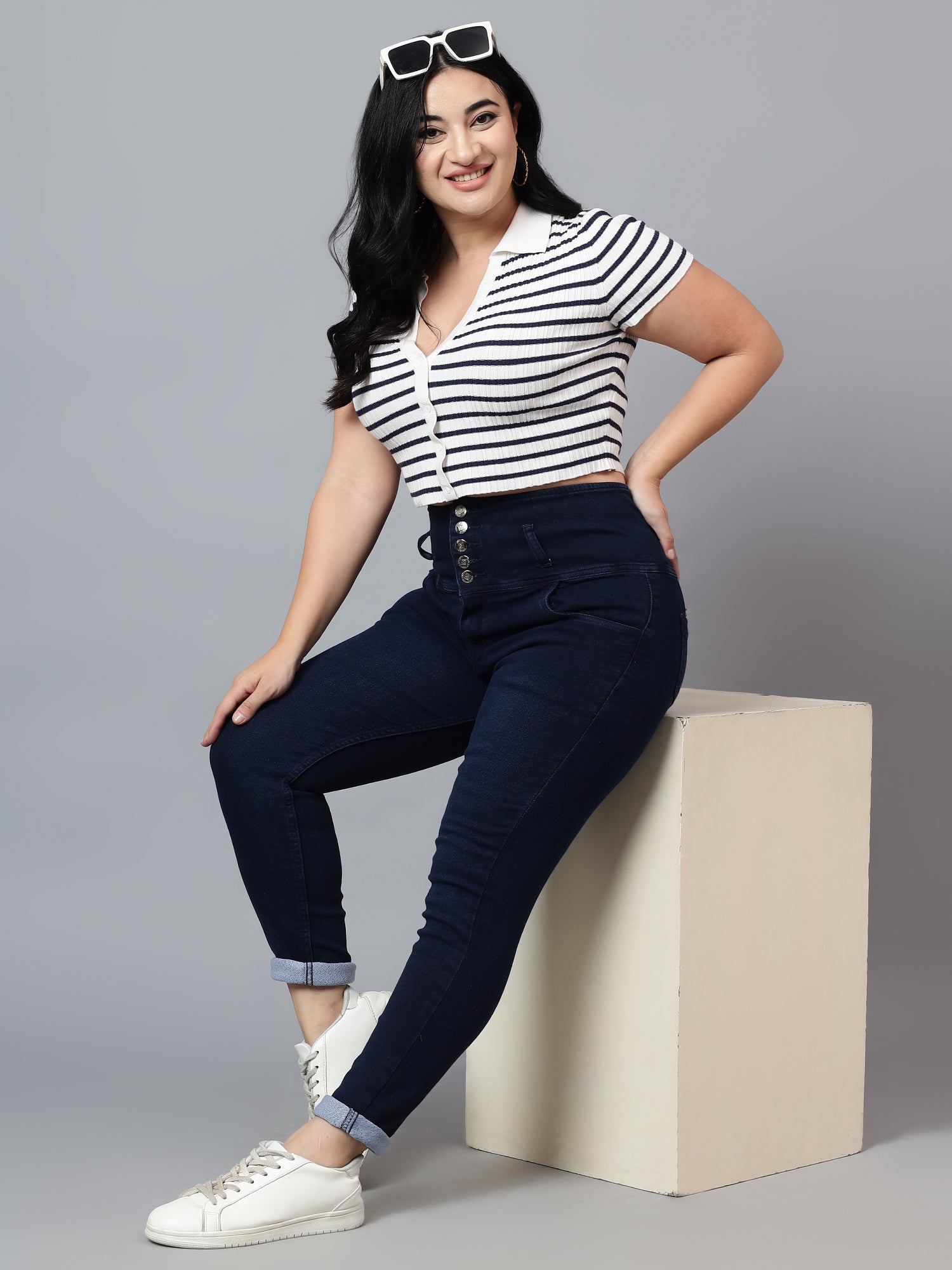 Plus Size High Waist 5 Button Jeans Knitted Fabric