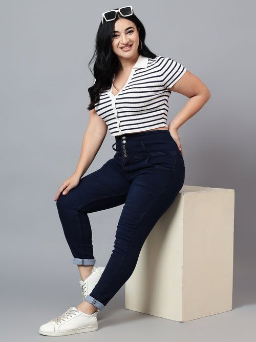 Plus Size High Waist 5 Button Jeans Knitted Fabric
