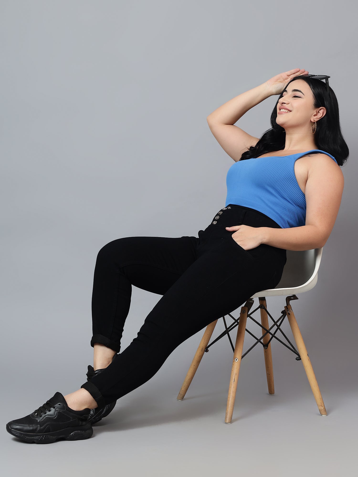 Plus Size High Waist 5 Button Jeans Knitted Fabric
