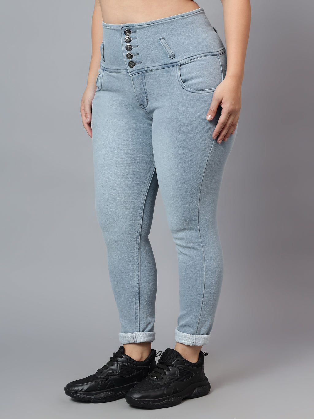 Plus Size High Waist 5 Button Jeans Knitted Fabric