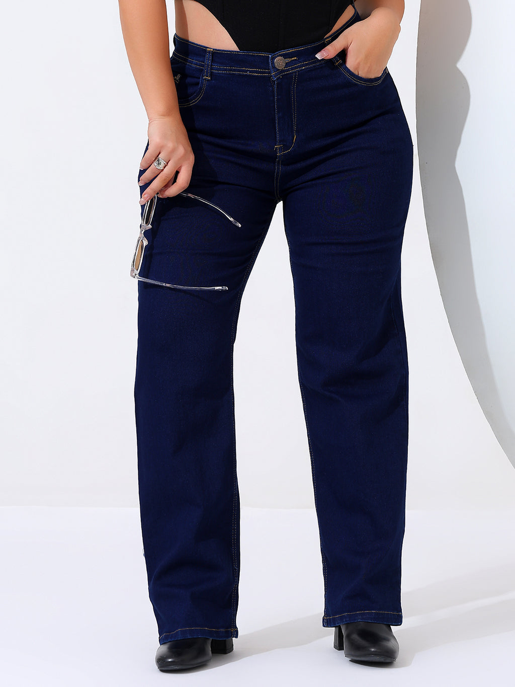 Plus size straight fit jeans satin weave