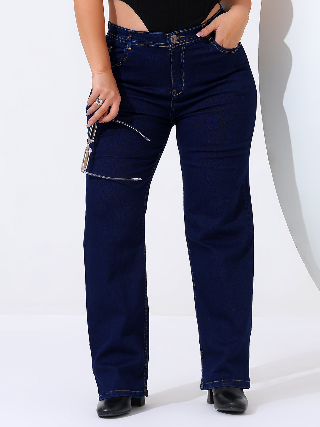 Plus size straight fit jeans satin weave
