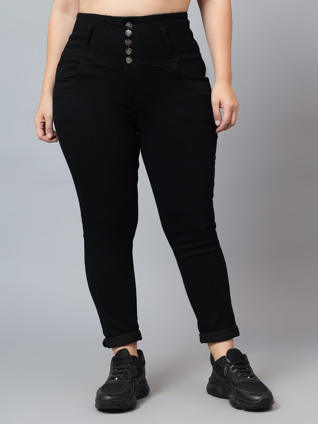 Plus Size High Waist 5 Button Jeans Knitted Fabric
