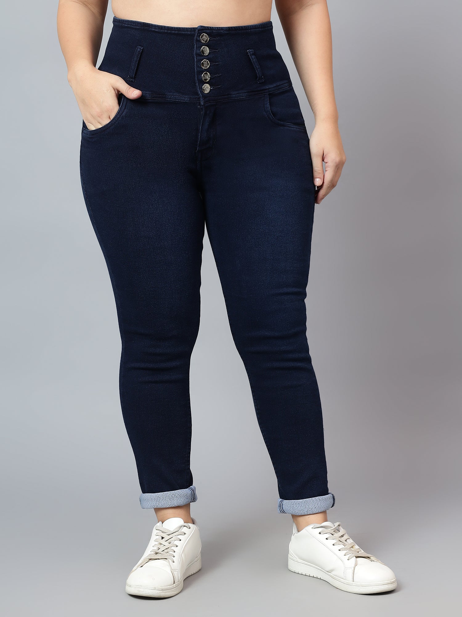 Plus Size High Waist 5 Button Jeans Knitted Fabric