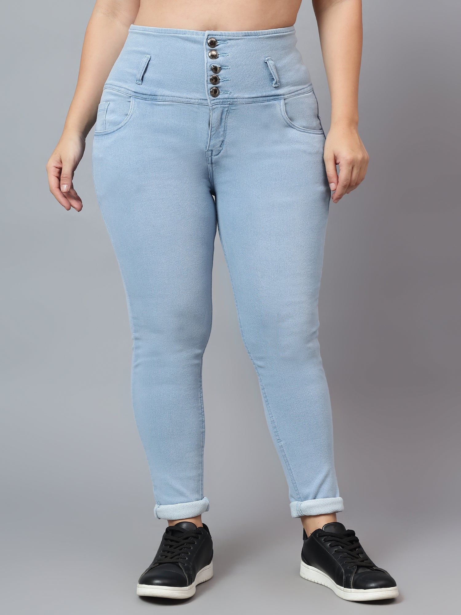 Plus Size High Waist 5 Button Jeans Knitted Fabric