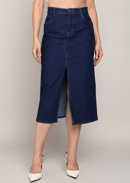 Front slit knee length denim skirt
