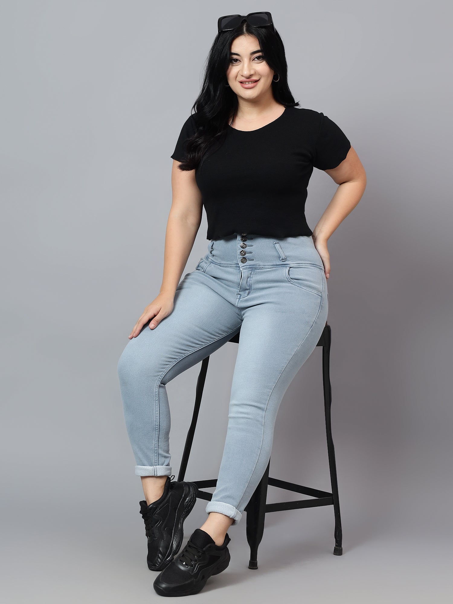 Plus Size High Waist 5 Button Jeans Knitted Fabric