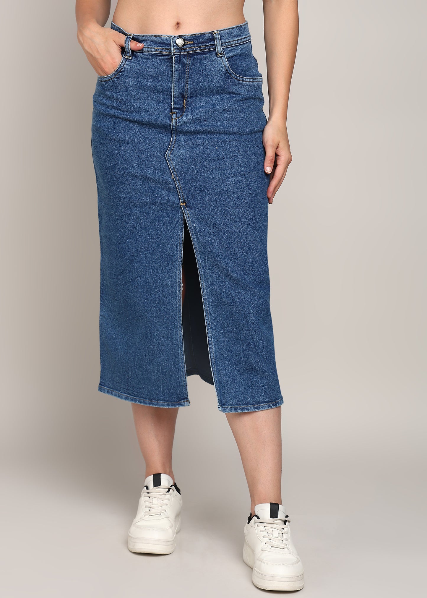 Front slit knee length denim skirt