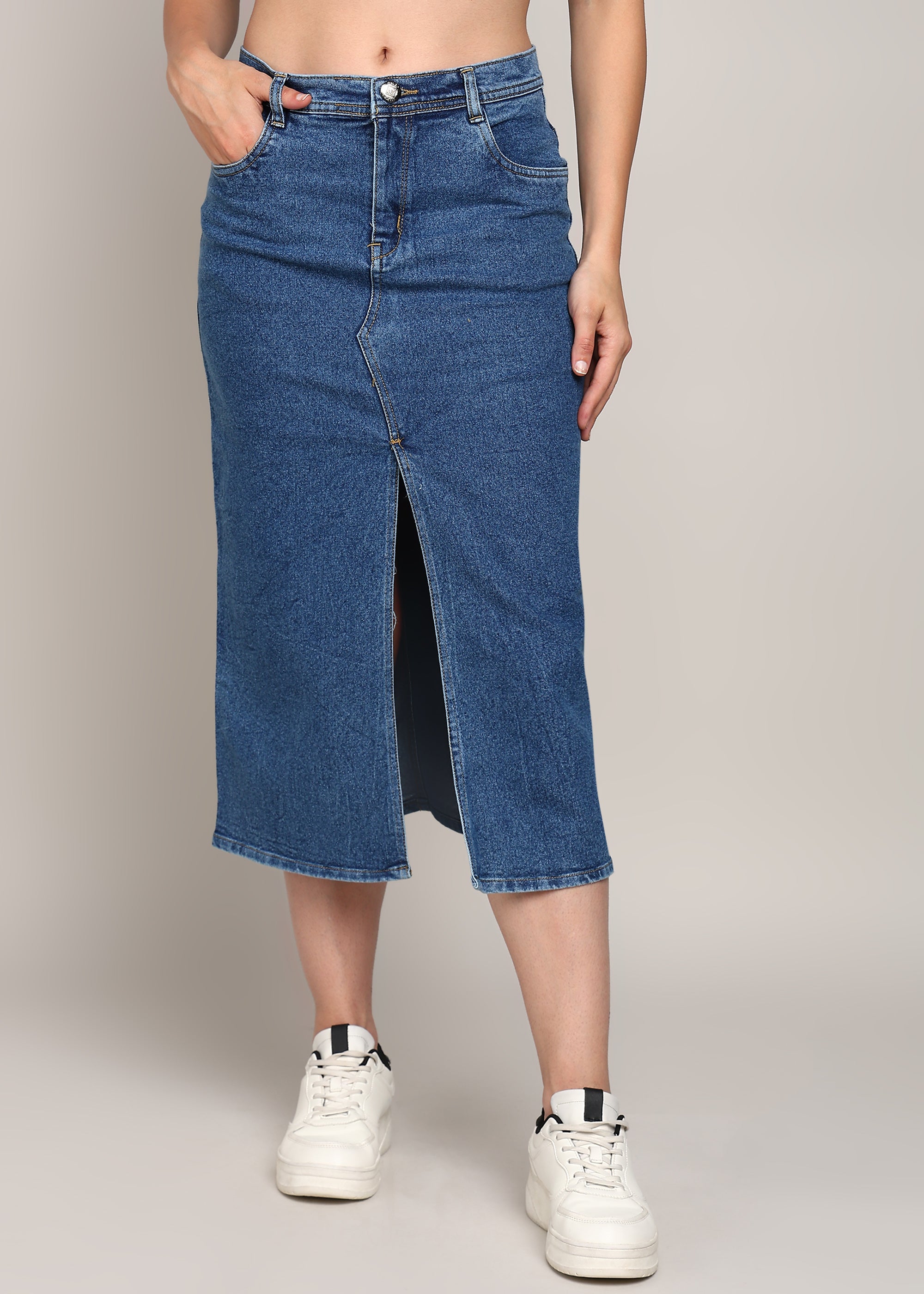 Front slit knee length denim skirt