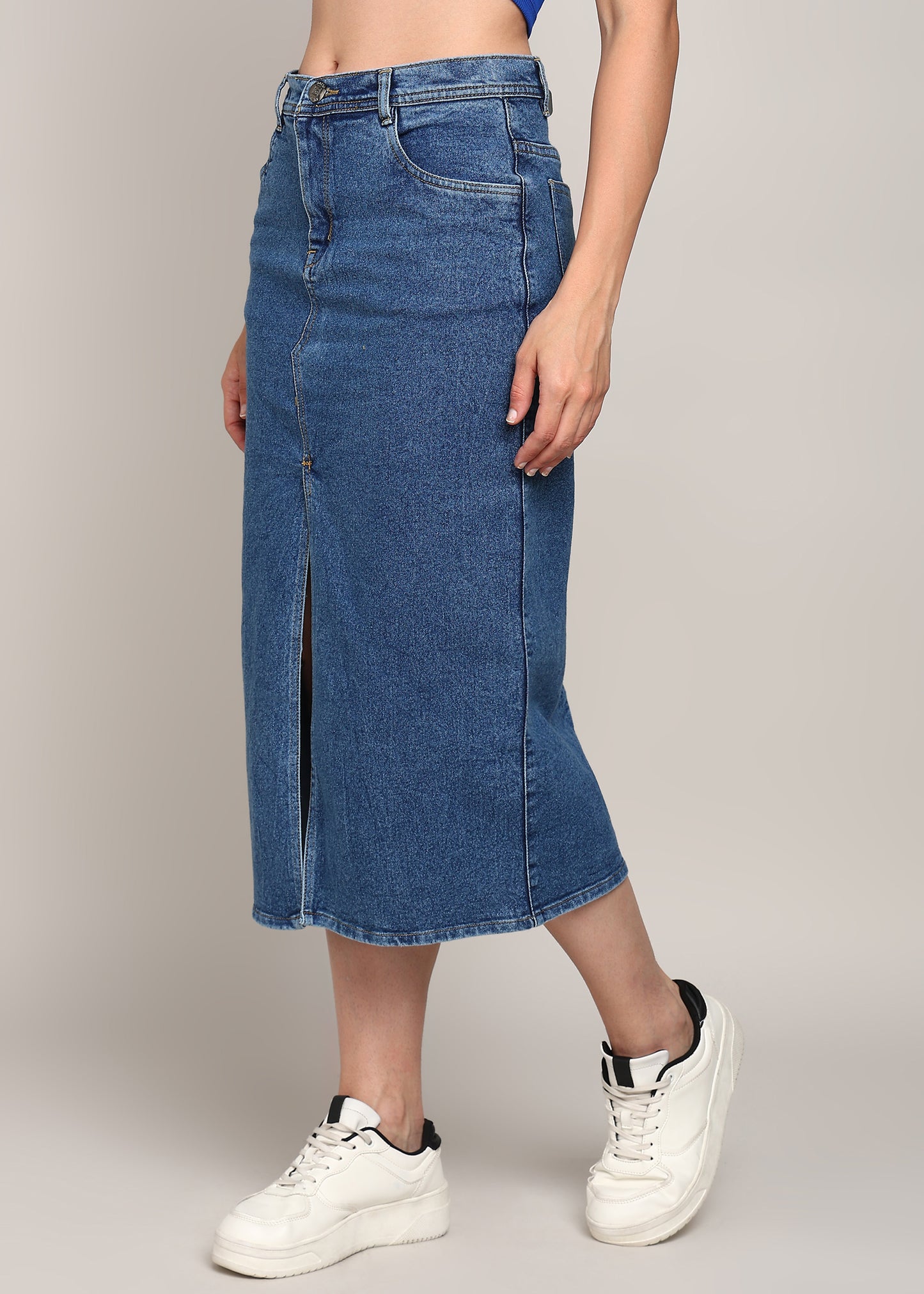 Front slit knee length denim skirt