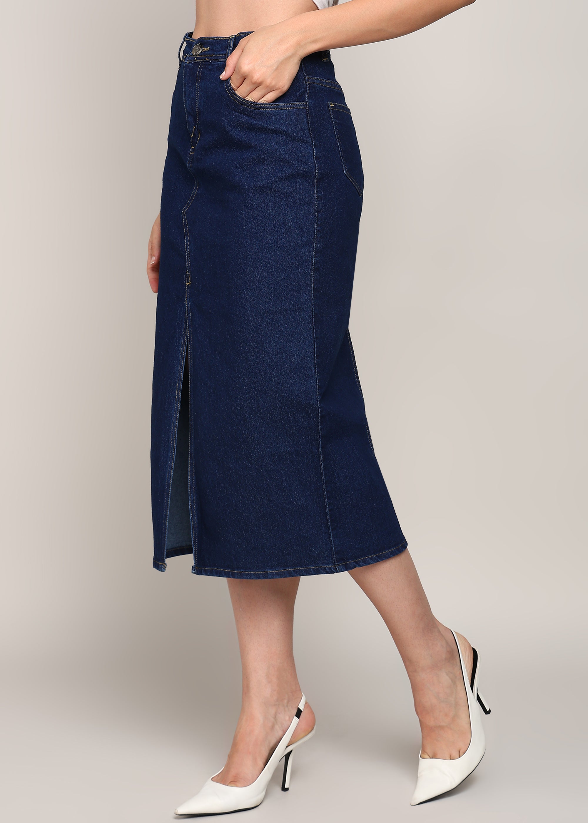 Front slit knee length denim skirt