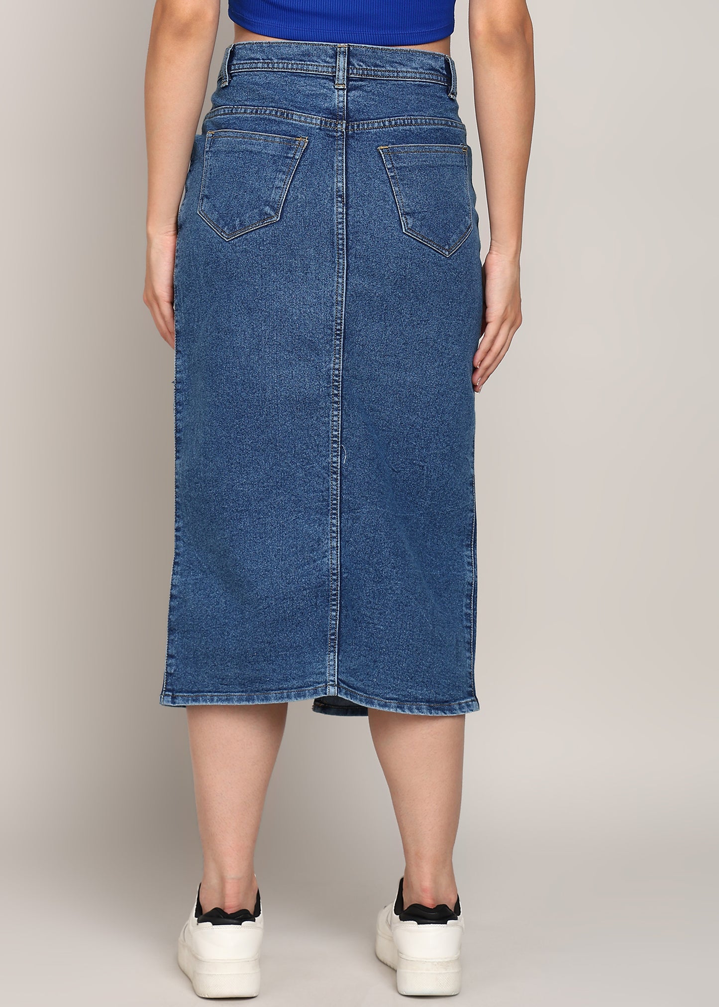 Front slit knee length denim skirt