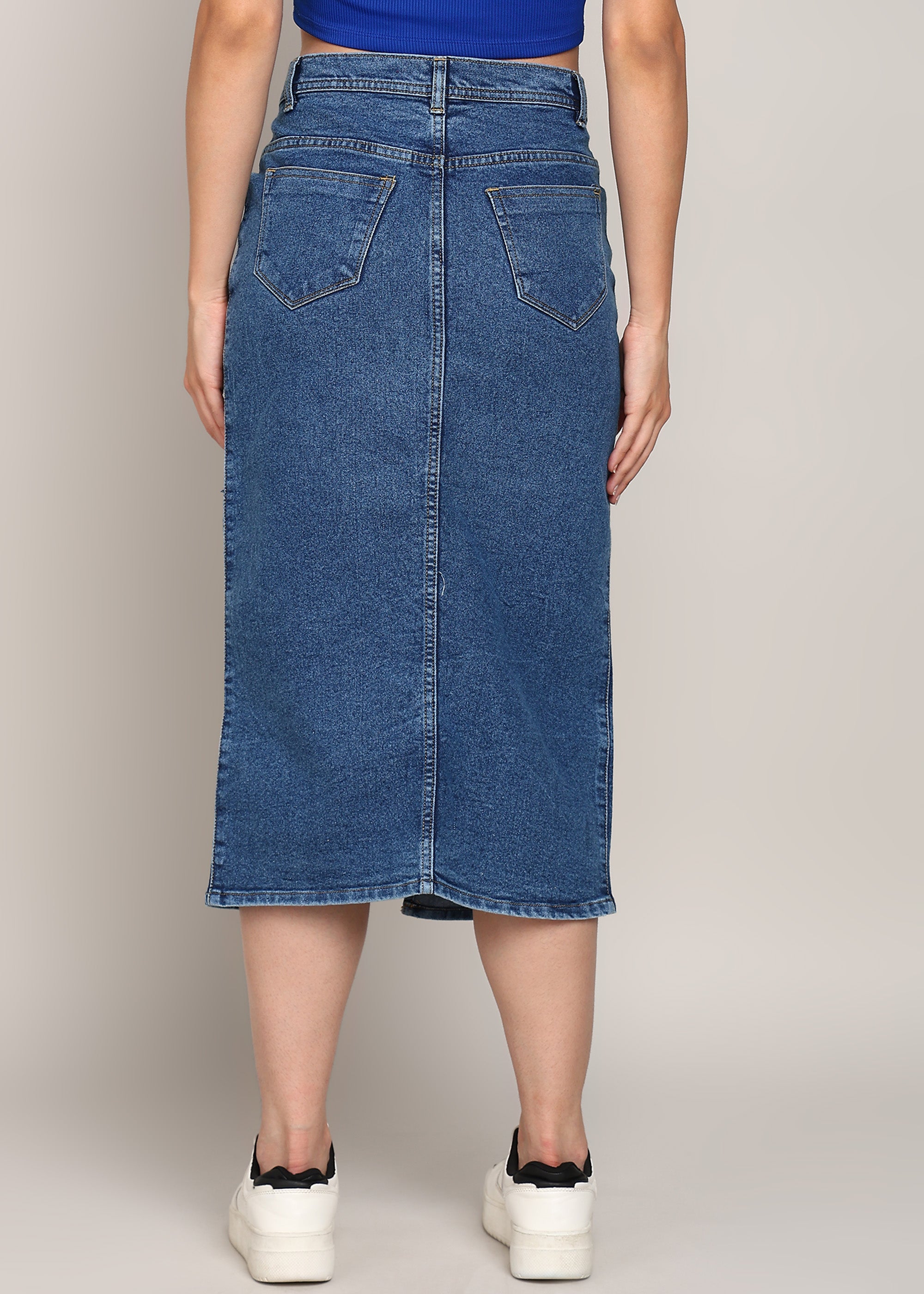Front slit knee length denim skirt