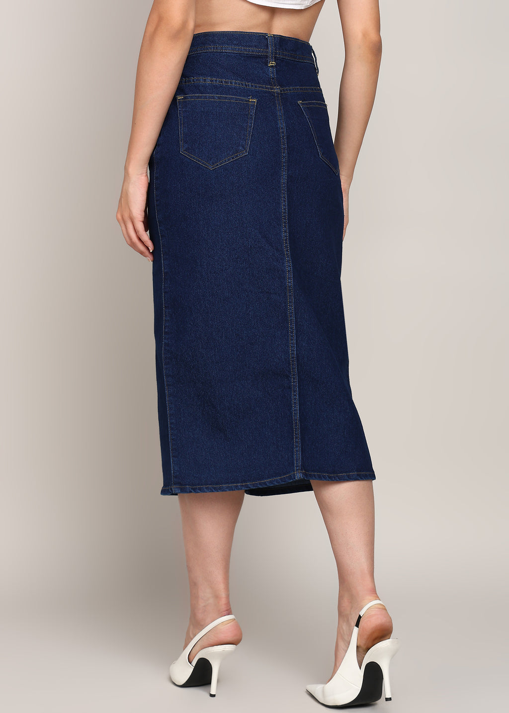 Front slit knee length denim skirt
