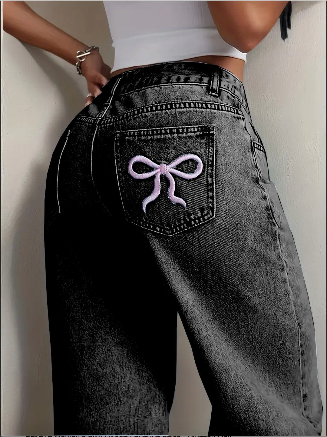 Relaxed Fit Jeans with pink bow tie at back pocket