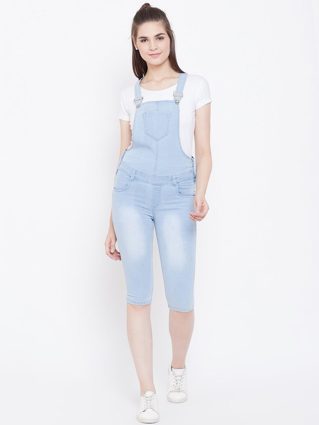 Stretchable Sky Blue Capri Dungarees - NiftyJeans