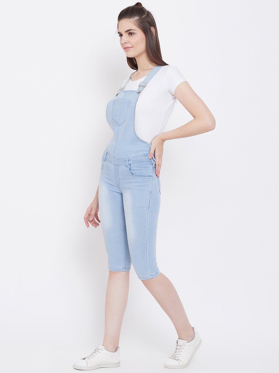 Stretchable Sky Blue Capri Dungarees - NiftyJeans