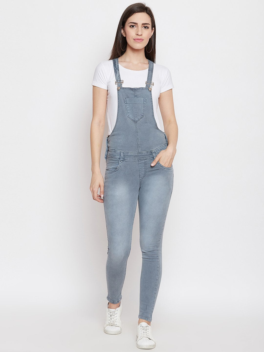 Slim Fit Stretchable Grey Dungarees - NiftyJeans