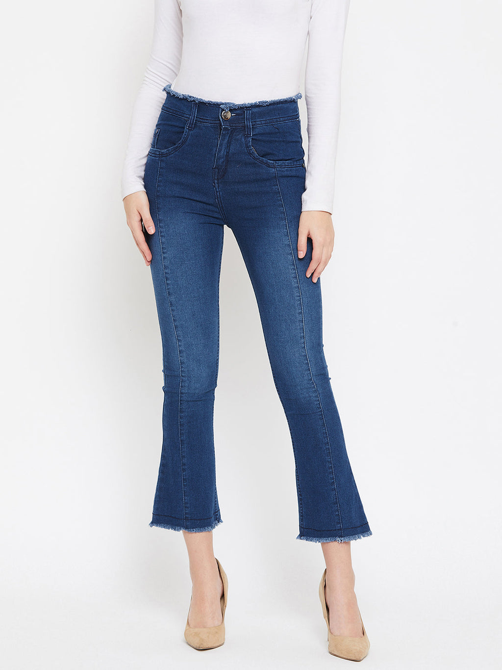 Bata blue slim fit 5- pocket high rise jeans, bootcut with light fade, frayed hems , zip fly with button closure, waistband with belt loops