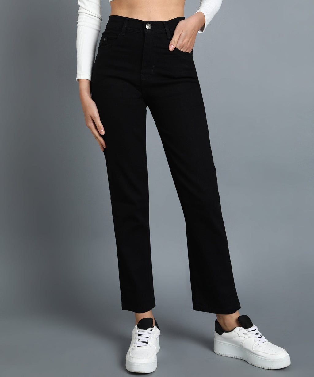 Black straight fit 5- pocket high rise jeans, clean look, zip fly with button closure, waistband with belt loops