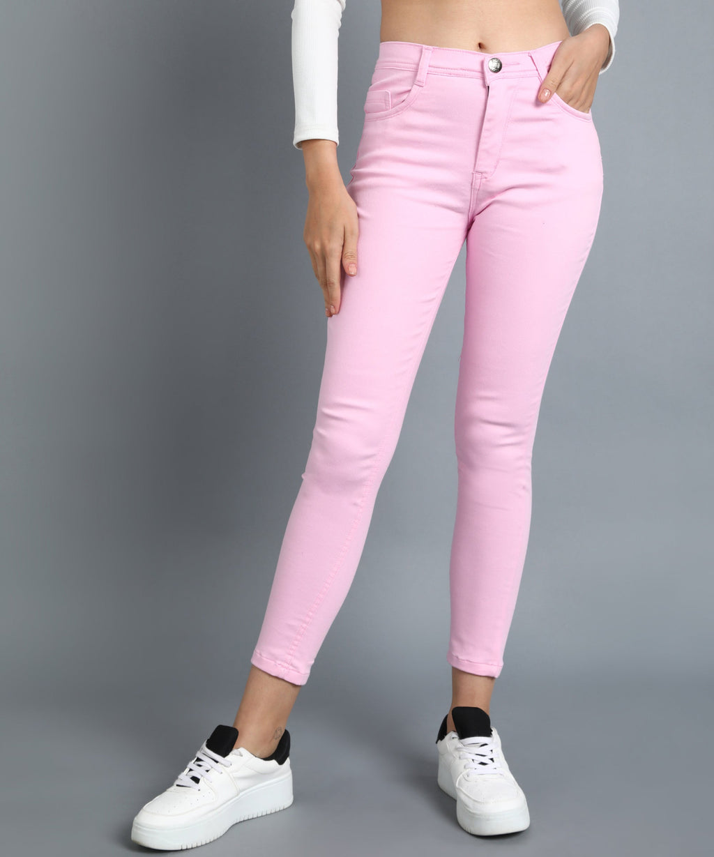 Pink slim fit 5- pocket high rise jeans, clean look, zip fly with button closure, waistband with belt loops