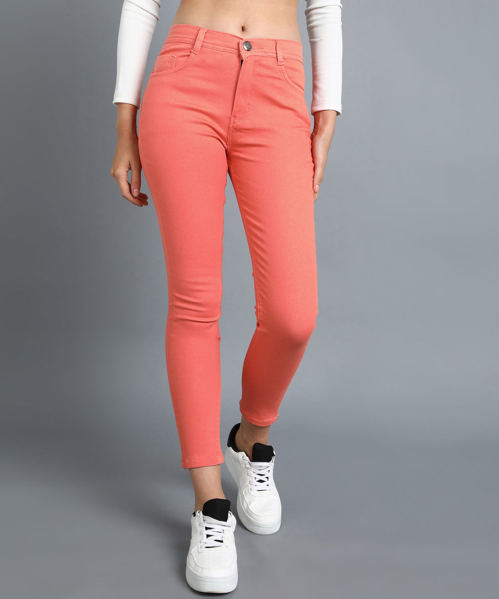 Tomato Red slim fit 5- pocket high rise jeans, clean look, zip fly with button closure, waistband with belt loops