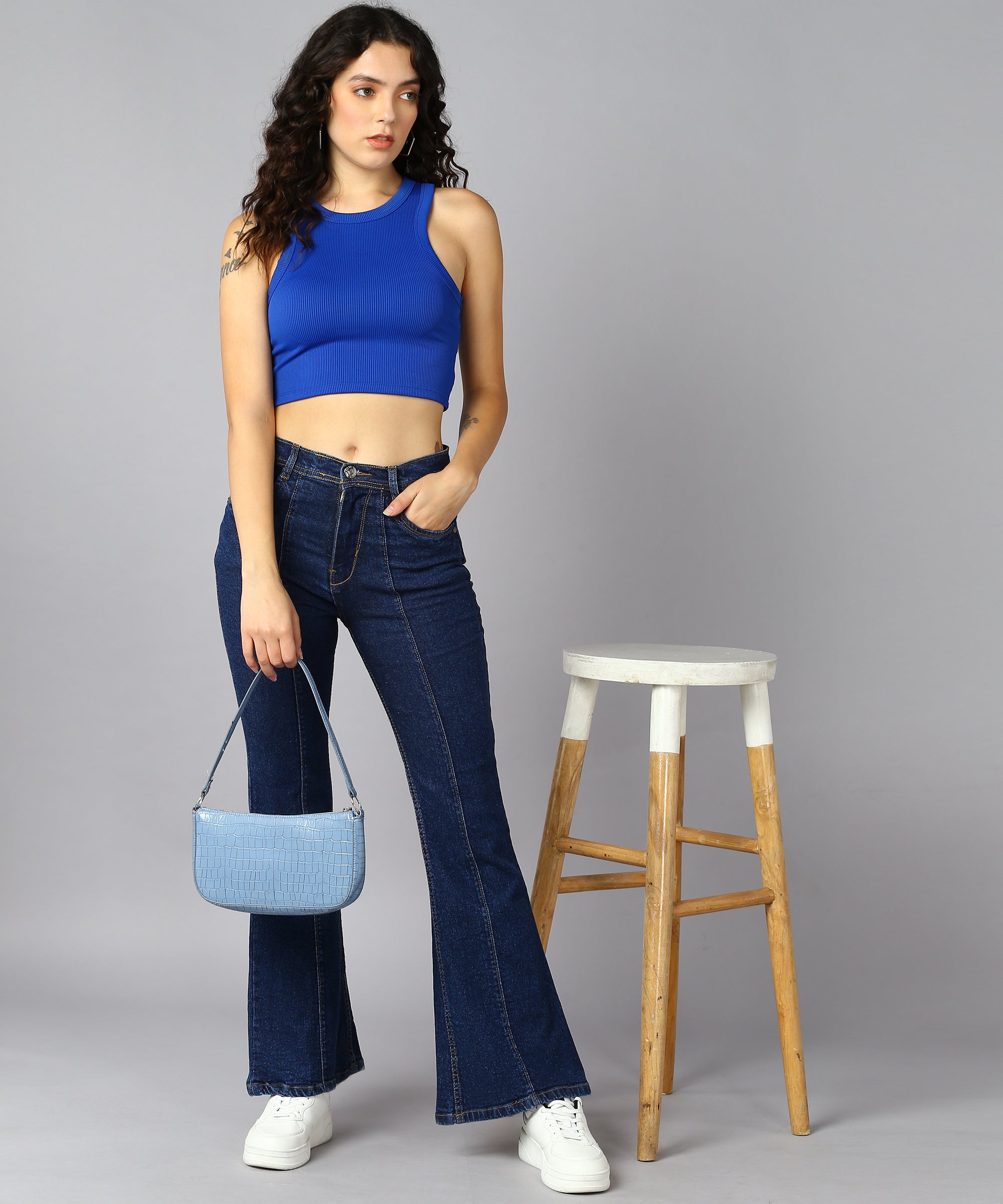 Buy KASSUALLY Women Dark Blue Bell Bottom Jeans online