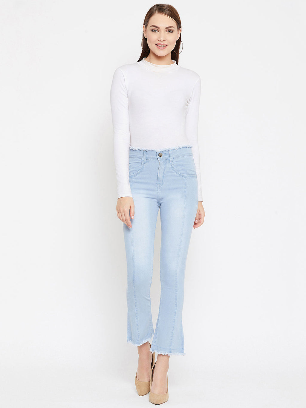 Sky blue slim fit 5- pocket high rise jeans, bootcut with light fade, frayed hems , zip fly with button closure, waistband with belt loops