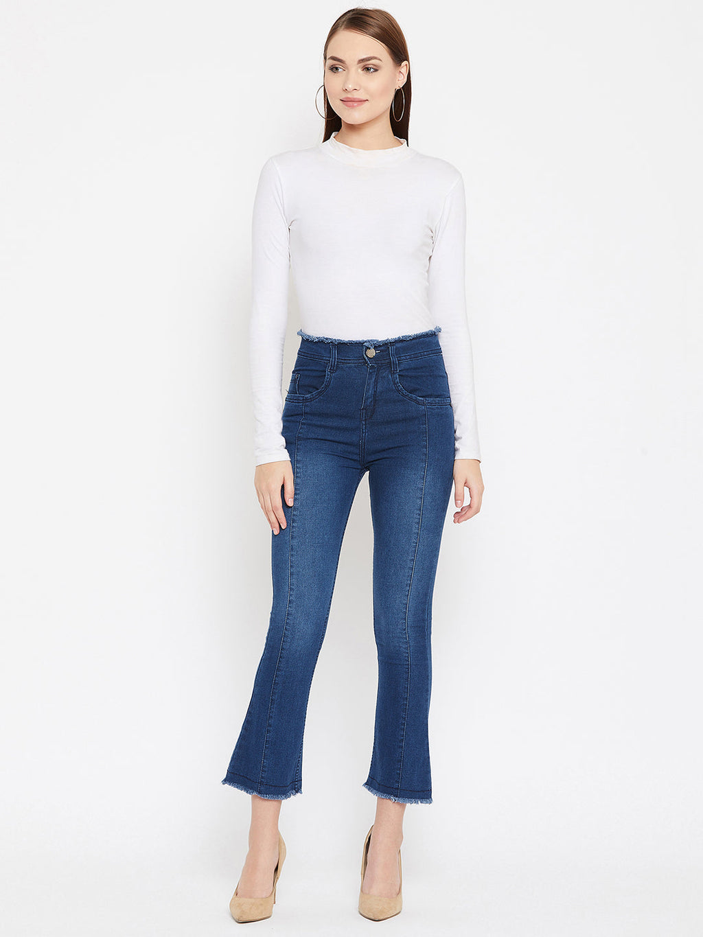 Bata blue slim fit 5- pocket high rise jeans, bootcut with light fade, frayed hems , zip fly with button closure, waistband with belt loops